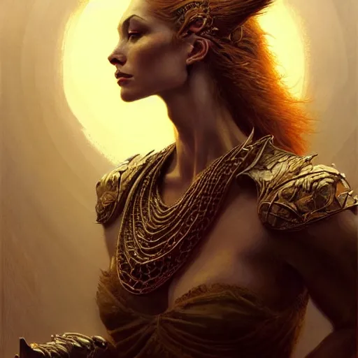 Image similar to highly detailed portrait of a majestic lioness queen in the form of a beautiful woman. d & d, art by gerald brom and ruan jia. trending on artstation, intricate details, energetic composition, golden ratio, concept art, illustration, elegant art