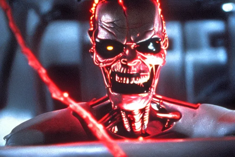 Image similar to Jack Nicholson plays Terminator, his one yes glow red, scene where his endoskeleton gets exposed, still from the film