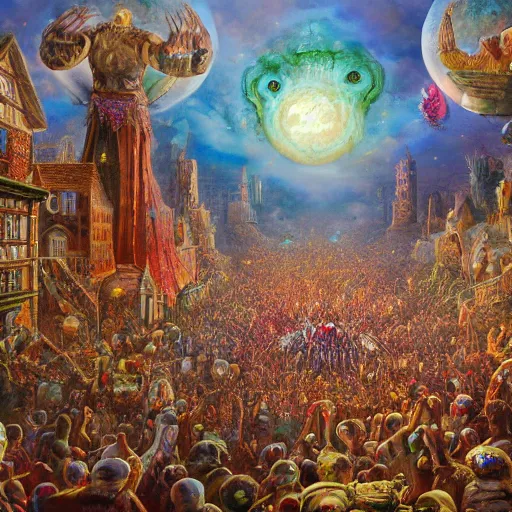 Prompt: assembled crowds worship their terrifying new god covered with pustules and eyeballs, on ancient post - apocalyptic planet, jim henson creature shop, vivid and colorful, thomas kincaid, cinematic, oil painting, highly detailed, illustration