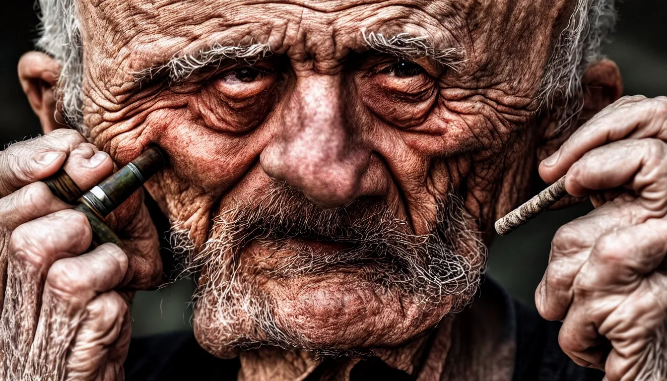 Image similar to hyper realistic color photo, portrait of a single weathered old man smoking pipe, dramatic shadow!!, full colour, upscale, 8 k, masterpiece