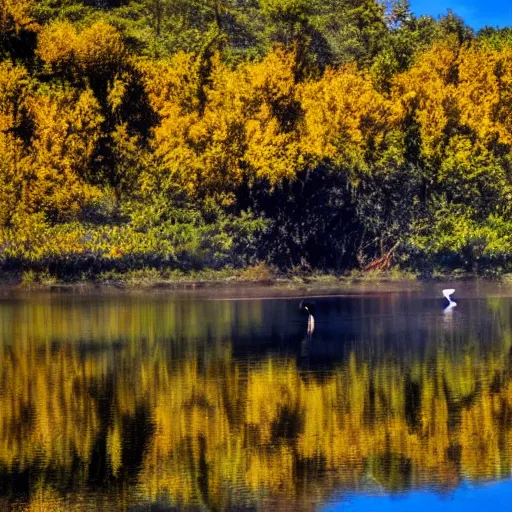 Image similar to photo of two black swans swimming in a beautiful reflective mountain lake, touching heads, forming a heart with their necks, a colorful hot air balloon is flying above the swans, hot air balloon, intricate, 8k highly professionally detailed, HDR, CGsociety