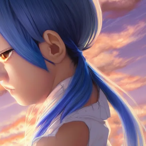 Prompt: profile shot of rimuru tempest looking forward, sky blue hair, ponytail, pretty, long bangs, gold eyes, black jacket with white stripes and a high collar, highly detailed, unreal engine 5, digital painting, concept art, cinematic, wlop | artgerm, pixiv, ilya kuvshinov, greg rutkowski, yoshitaka amano