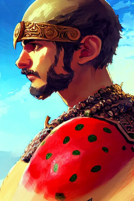 Image similar to a mix of a watermelon and a greek king, intricate, headshot, key visual, conceptart, ambient lighting, highly detailed, digital painting, artstation, concept art, sharp focus, by makoto shinkai and akihiko yoshida and greg manchess