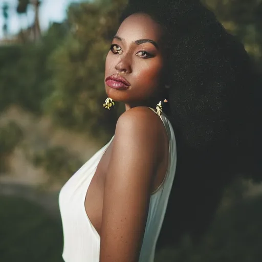 Image similar to portrait photograph of an elegant black woman wearing a sundress in Santa Monica. super resolution. 85 mm f1.8 lens.bokeh.graflex. Alessio albi