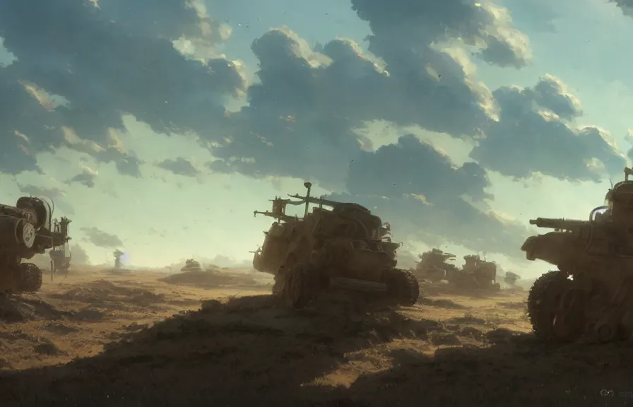 Image similar to concept art of a dusty field with ruined dieselpunk orcish tanks and smoking craters in the background, key visual, ambient lighting, highly detailed, digital painting, artstation, concept art, sharp focus, by makoto shinkai and akihiko yoshida and hidari and wlop