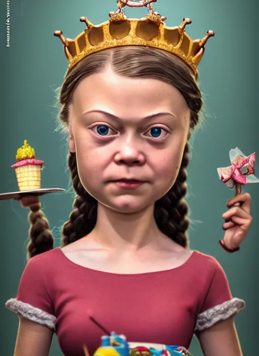 Image similar to highly detailed closeup, face profile portrait of greta thunberg as a tin toy fairytale princess wearing a crown eating cakes, bikini, unreal engine, nicoletta ceccoli, mark ryden, earl norem, lostfish, global illumination, detailed and intricate environment