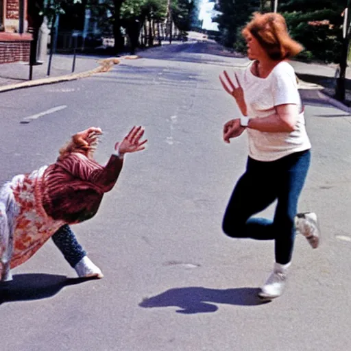 Image similar to candid photo of Aphex Twin chasing an old lady down the street, sunny day,