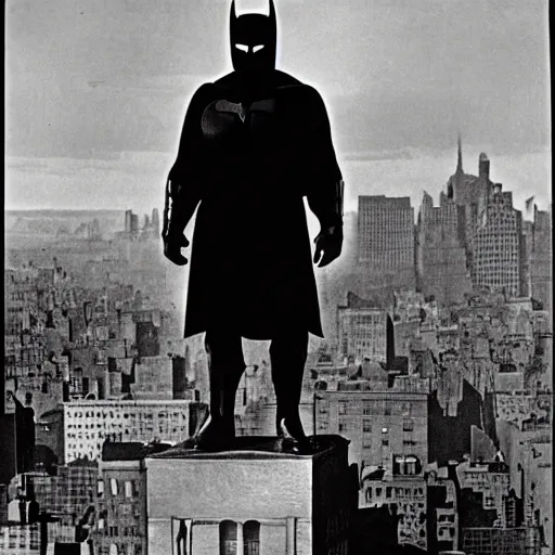 Image similar to old black and white photo, 1 9 1 3, depicting batman from dark knight on top of buildings of new york city, rule of thirds, historical record