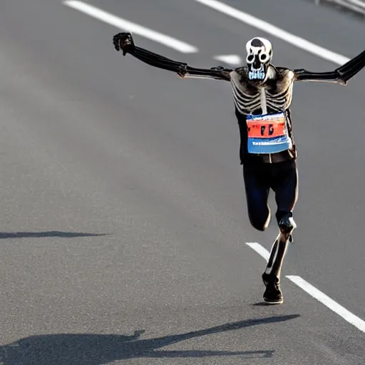 Prompt: A skeleton crossing the finish to win a marathon, award winning photograph, associated press photo, dynamic pose, 8k, award-winning