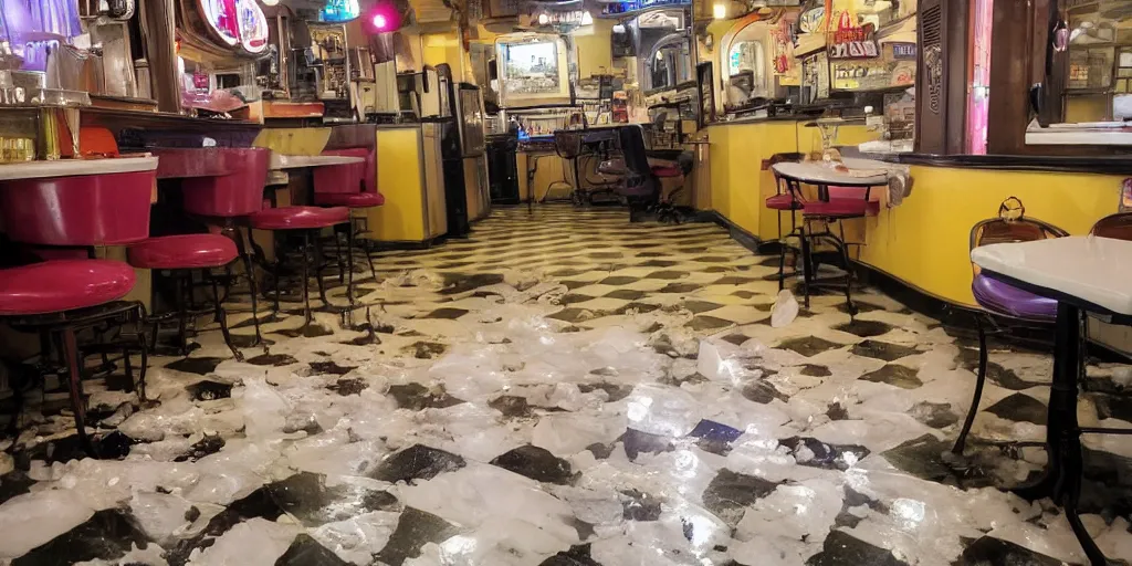 Image similar to inside a leaking freezer of melting ice cream cases is in an old fashioned ice cream parlor. the leak has made a big colorful puddle of melted ice cream on the floor and the puddle is reminiscent to the shape of werewolf fangs.