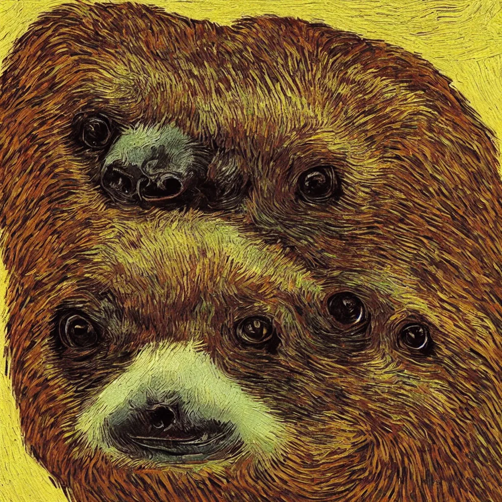 Image similar to a beautiful oil painting of a sloth's face in the style of van Gogh