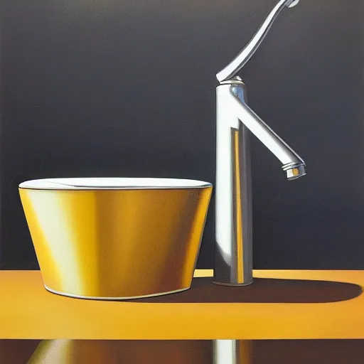 Image similar to a painting of a faucet and soap dispenser, an airbrush painting by janet fish and ( ( ( howard arkley ) ) ), trending on artstation, photorealism, hyper realism, oil on canvas, detailed painting