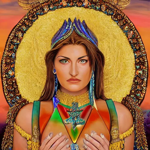 Image similar to a teenage Mädchen Amick as Goddess of gems looking at you intensely with seductively serious eyes while wearing a head covering. ultra detailed painting at 16K resolution and epic visuals. epically surreally beautiful image. amazing effect, image looks crazily crisp as far as it's visual fidelity goes, absolutely outstanding. vivid clarity. ultra. iridescent. mind-breaking. mega-beautiful pencil shadowing. beautiful face. Ultra High Definition.