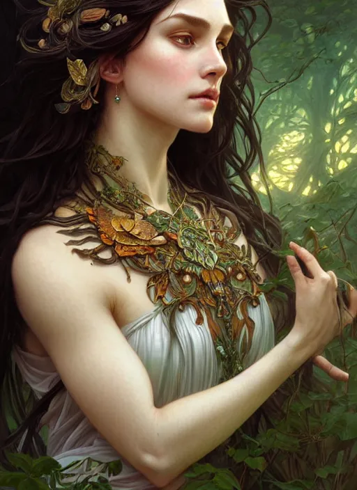 Image similar to portrait of a goddess of nature, half body, perfect face, d & d, fantasy, intricate, elegant, highly detailed, digital painting, artstation, concept art, smooth, sharp focus, illustration, art by artgerm and greg rutkowski and alphonse mucha