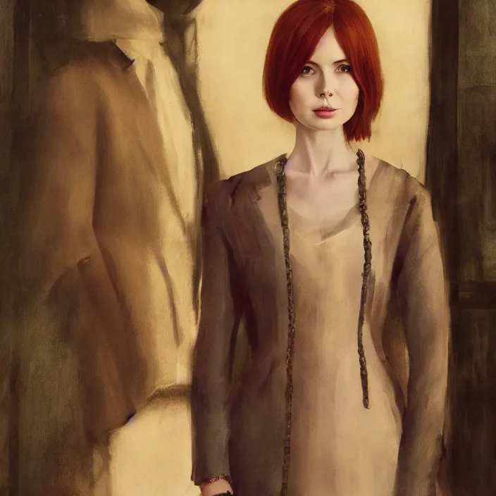 Prompt: a portrait of karen gillan, slight smile, dramatic, dark background, by albert edelfelt, by lauren brevner, by lizzie riches