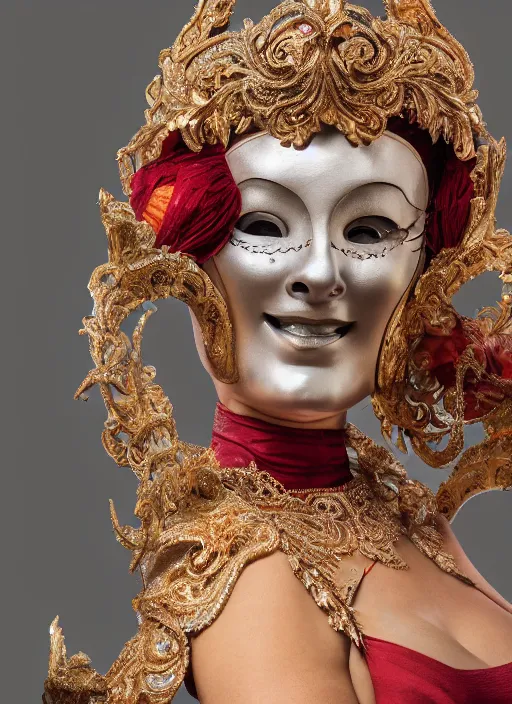 Image similar to closeup of a beautiful woman in an ornate Venice Carnival Mask, perfect face and perfect proportions, 8K, octane render, 8K,
