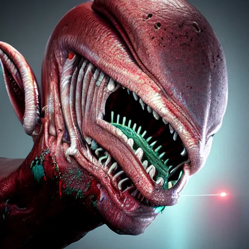 Image similar to alien, big head, dramatic pose, blood splatters, 8 k, hyperrealistic, octane render, dramatic