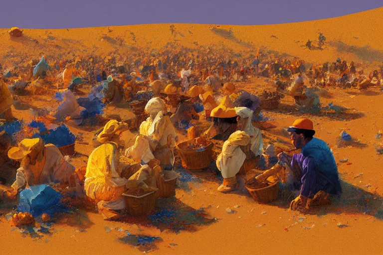 Prompt: detailed digital painting of a crowd of jews in the desert harvesting manna, yellow orange and blue color scheme, by craig mullins and ross trann