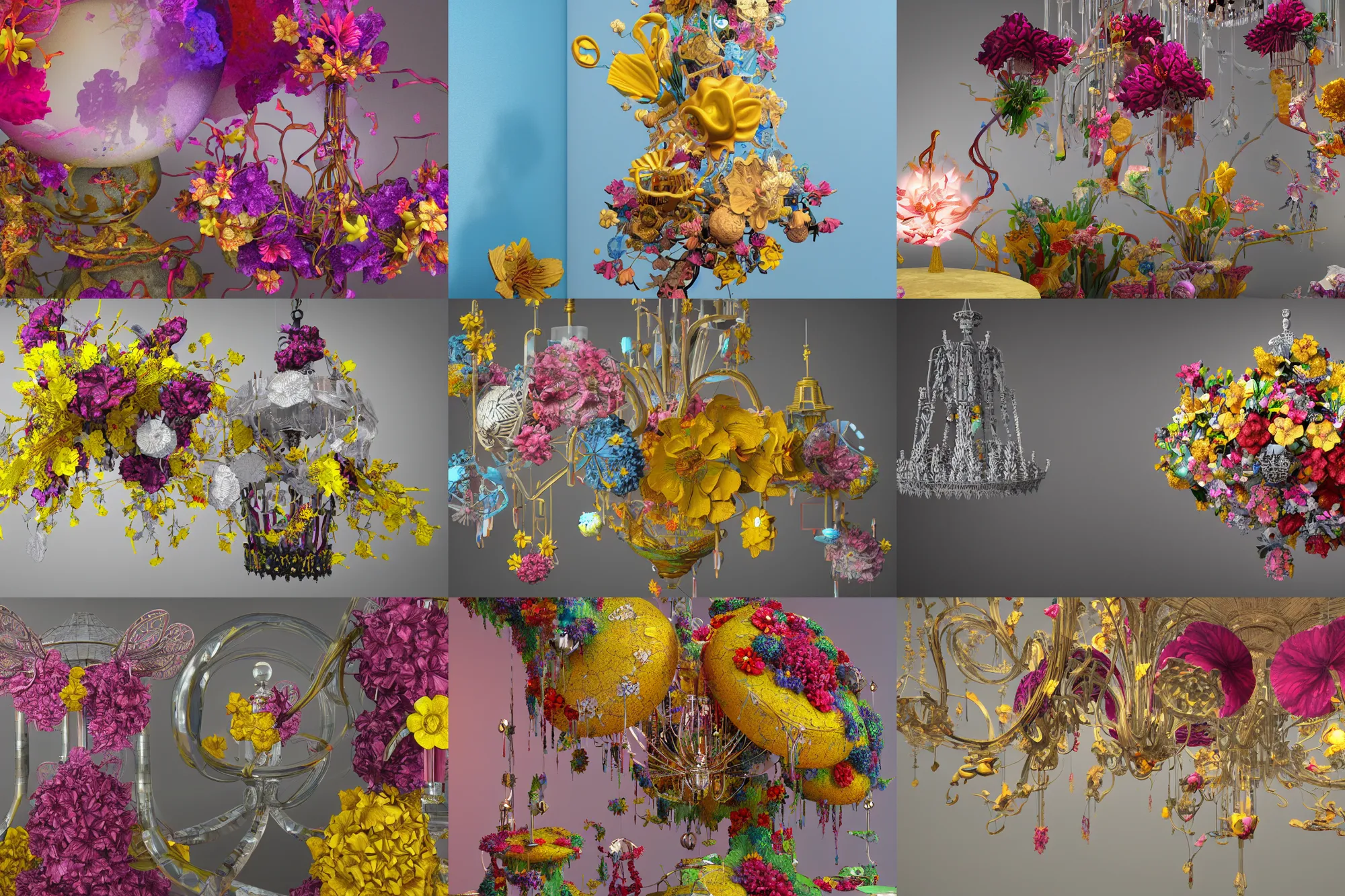 Prompt: abstract large scale 3 d render of a mixed media sculpture made of intricate flowers, ceramics featuring hibiscus, daffodils, glass chandelier by jennifer mccurdy, surrealistic, rectangular, museum piece, volumetric lighting, 4 k, octane render, artstation, wide angle shot, bokeh