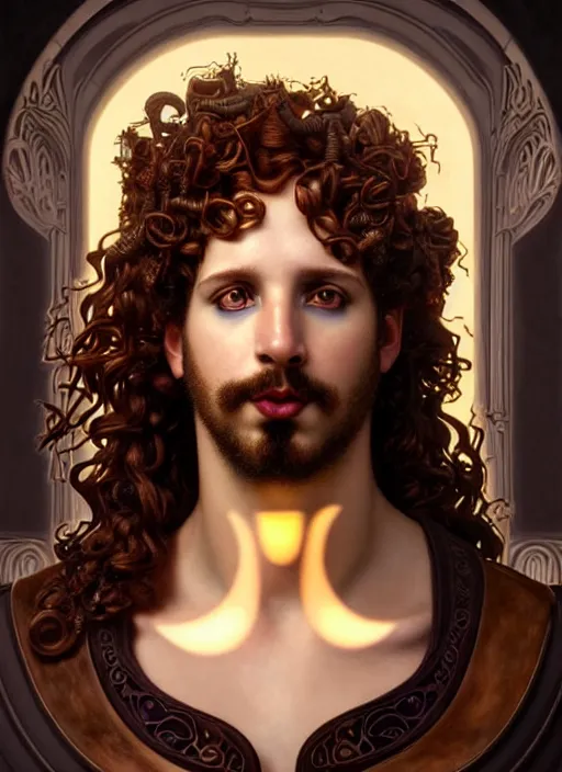 Image similar to portrait of greek god dionysus, auburn curly hair, glowing eyes, volumetric lights, goatee, feast, music notes, art nouveau botanicals, gothic, intricate, highly detailed, digital painting, artstation, concept art, smooth, sharp focus, symmetric face, illustration, steampunk, art by artgerm and greg rutkowski and alphonse mucha