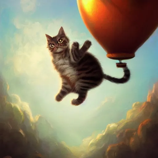 Image similar to a cute cat flying an air balloon , matte fantasy painting, DeviantArt Artstation, by Jason Felix by Steve Argyle by Tyler Jacobson by Peter Mohrbacher