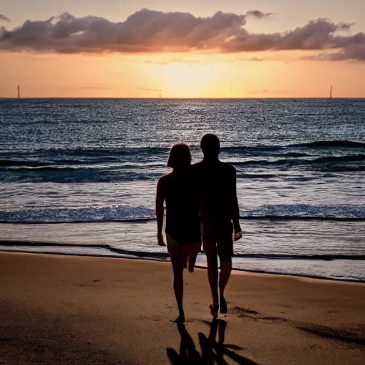 Prompt: Couple walking down a secluded beach during the golden hour quietly contemplating the newfound beauty discovered inside the other person while growing ever more deeply in trust and love between each other.