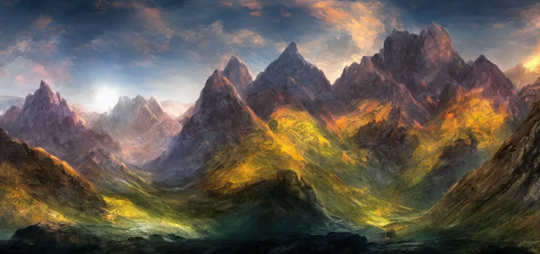 Image similar to vast mountain landscape, craggy, mountains, magic the gathering, three - colors, three - color color palette, panoramic, wide angle, horizon, 4 k resolution,