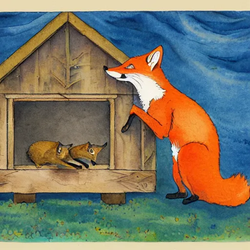 Image similar to a smug red fox in front of a hen house, watercolor illustration by Louis William Wain,