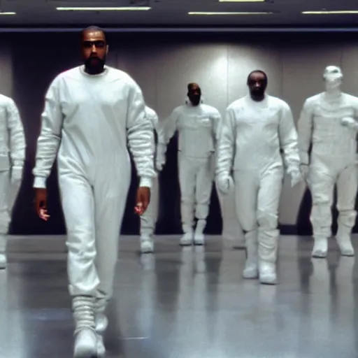 Image similar to a frame the movie andromeda strain, starring kanye west, hallway scene, panning shot, in focus