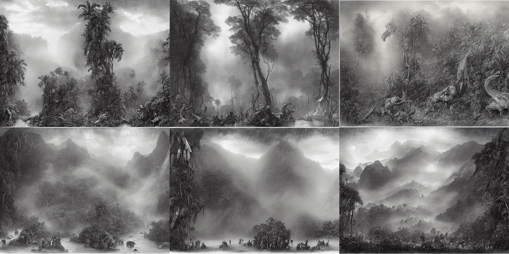 Prompt: an engraving of dinosaurs in the amazon jungle by gustave dore, highly detailed, fog, mist, depth, lithograph engraving