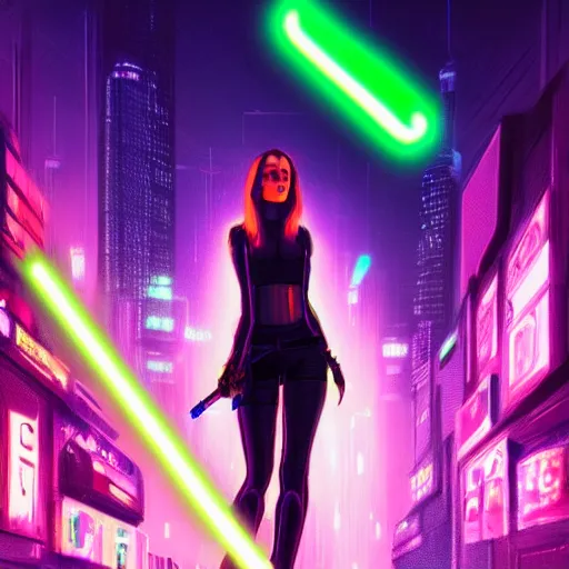 Image similar to a girl holding a lightsaber in a neon cyberpunk city at night, art station, digital art, cinematic, artgerm