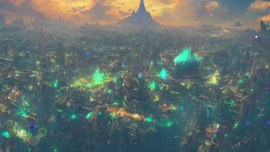 Prompt: a colossal floating multi-level city hovering in the sky, beautiful fantasy painting, breath of the wild, vibrant colors, magical dream-like atmosphere, cinematic lighting, hyperdetailed, 3D matte painting, 8k ultraHD, octane render