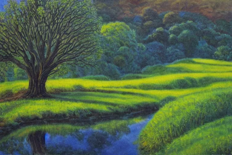 Image similar to masterpiece painting of oak trees on a hillside overlooking a creek, dramatic lighting, by kinuko craft