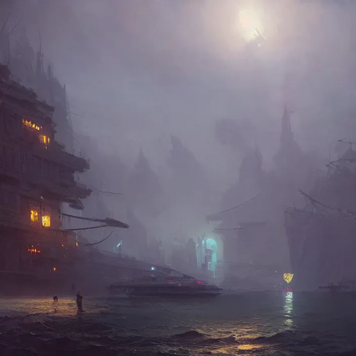 Image similar to a beautiful painting of a cyberpunk city on the sea by ivan aivazovsky and greg rutkowski and james gurney and frank lloyd, in style of unreal engine 5. hyper detailed, sharp focus, soft light. unreal engine 5 lumen. ray tracing. trending on artstation.