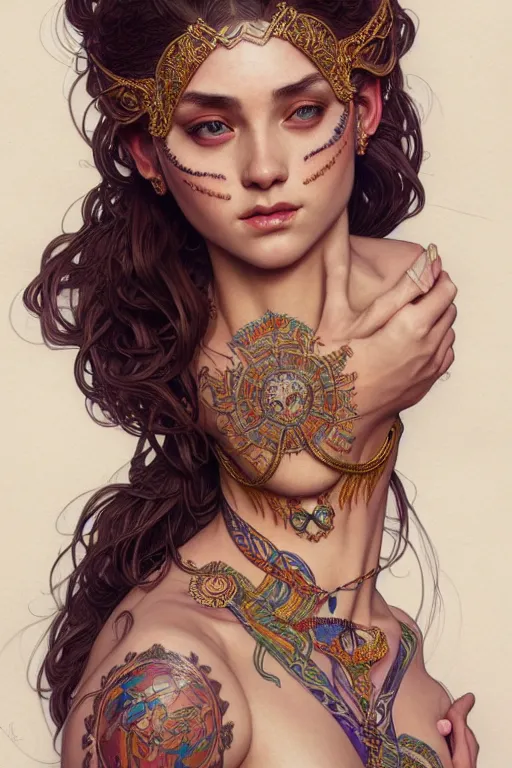 Image similar to body portrait of beautiful annubian tribal tattooed young pincess, intricate, elegant, highly detailed, digital painting, artstation, concept art, smooth, sharp focus, illustration, art by artgerm and greg rutkowski and alphonse mucha, 8 k