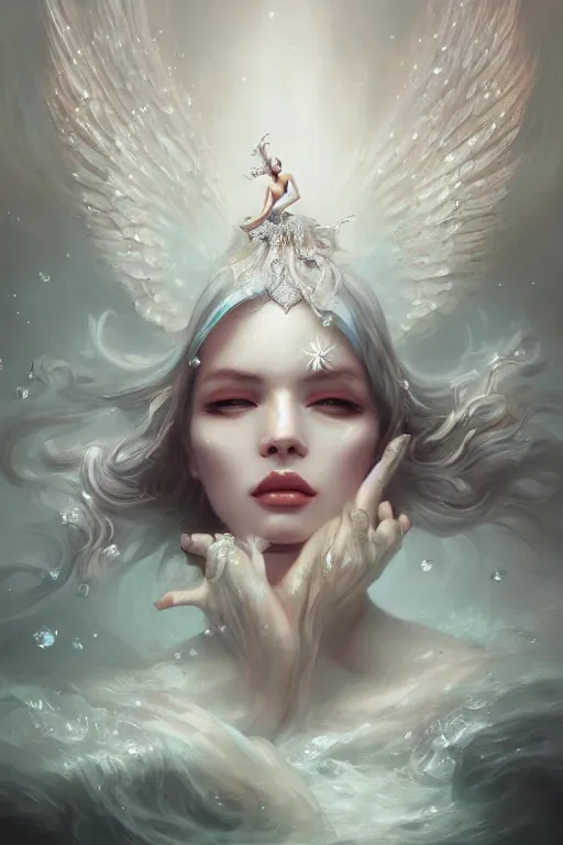 Prompt: beautiful princess floating on water with face covered with diamonds wearing frost velvet, diamonds, angel, fantasy, dramatic lighting, highly detailed, digital painting, magic the gathering, hyper detailed, 3 d render, hyper realistic detailed portrait, peter mohrbacher, wlop, ruan jia