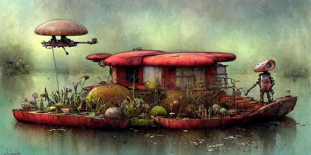 Image similar to adventurer ( ( ( ( ( 1 9 5 0 s retro future robot mouse house boat home. muted colors. swamp mushrooms. water lilies ) ) ) ) ) by jean baptiste monge!!!!!!!!!!!!!!!!!!!!!!!!! chrome red