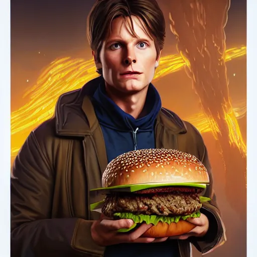 Image similar to portrait of Marty McFly eating a giant hamburger , extra onions and ketchup, luscious patty with sesame seeds, feminine ethereal, handsome, D&D, fantasy, intricate, elegant, highly detailed, digital painting, artstation, concept art, matte, sharp focus, illustration, art by Artgerm and Greg Rutkowski and Alphonse Mucha