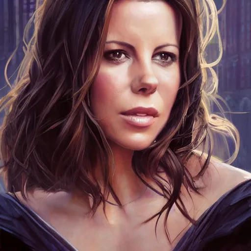 Image similar to closeup portrait of a kate beckinsale, seductive smile, chiaroscuro, city background, golden hour, dramatic lighting, complementary contrast, high detail, painted by greg rutkowski, painted by igor kieryluk, trending on artstation