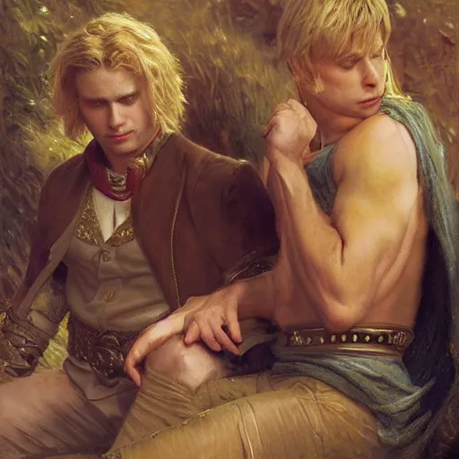 Prompt: attractive male, blond hair, arthur pendragon confesses his love to attractive male, dark hair, merlin. highly detailed painting by gaston bussiere, craig mullins, j. c. leyendecker 8 k