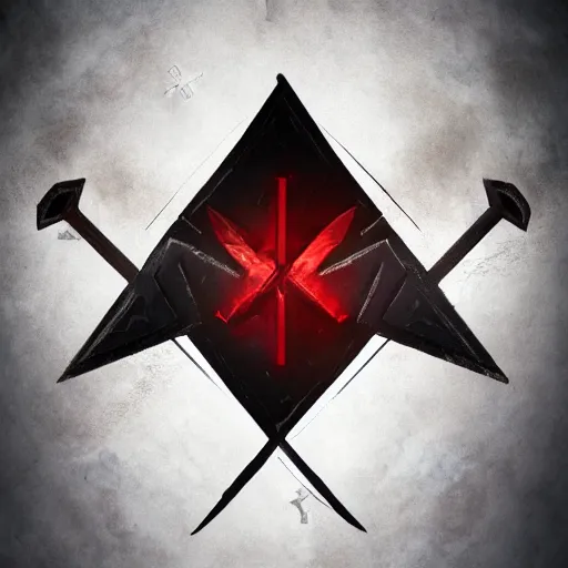 Image similar to game - icon of sword and battleaxe crossed on a prism, red powerful fantasy epic legends, game icon stylized, digital illustration radiating, a glowing aura, global illumination, ray tracing, 8 k high definition, intricate details, octane render, unreal engine, trending on arstation