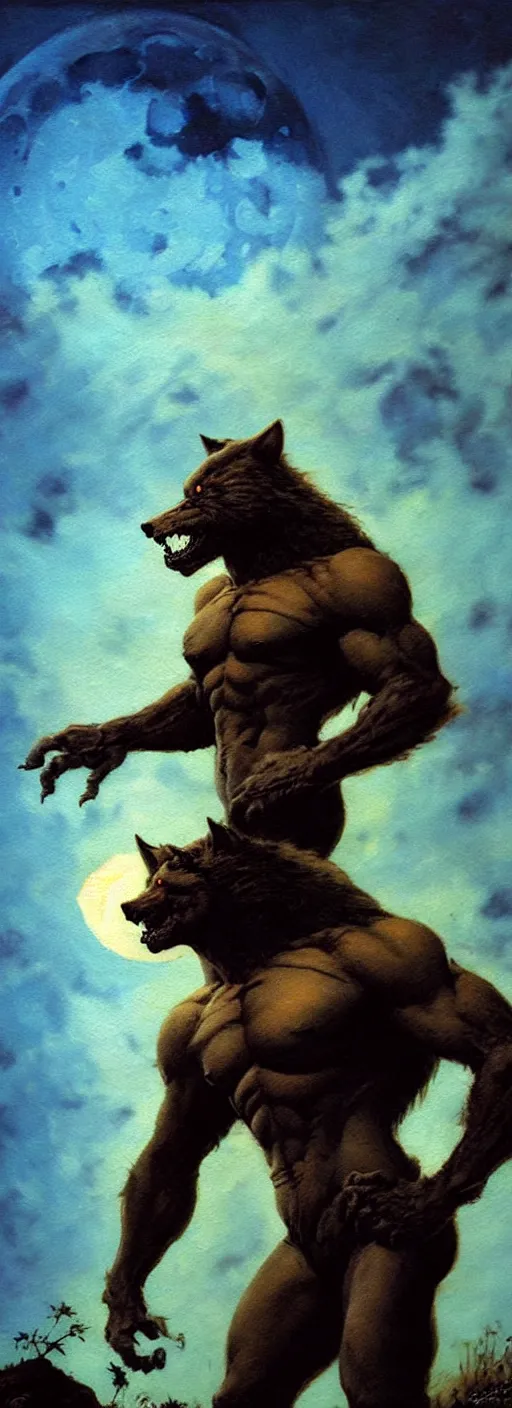 Prompt: by frazetta ,close up of very detailed realistic oversized werewolf , in front of the moon , full body backlight ,top light ,full body portrait ,highly textured oil painting ,jungle ,cyan graveyard with backlight from the moon ,foggy background ,with dramatic sky ,clouds and giant oversized moon and storm