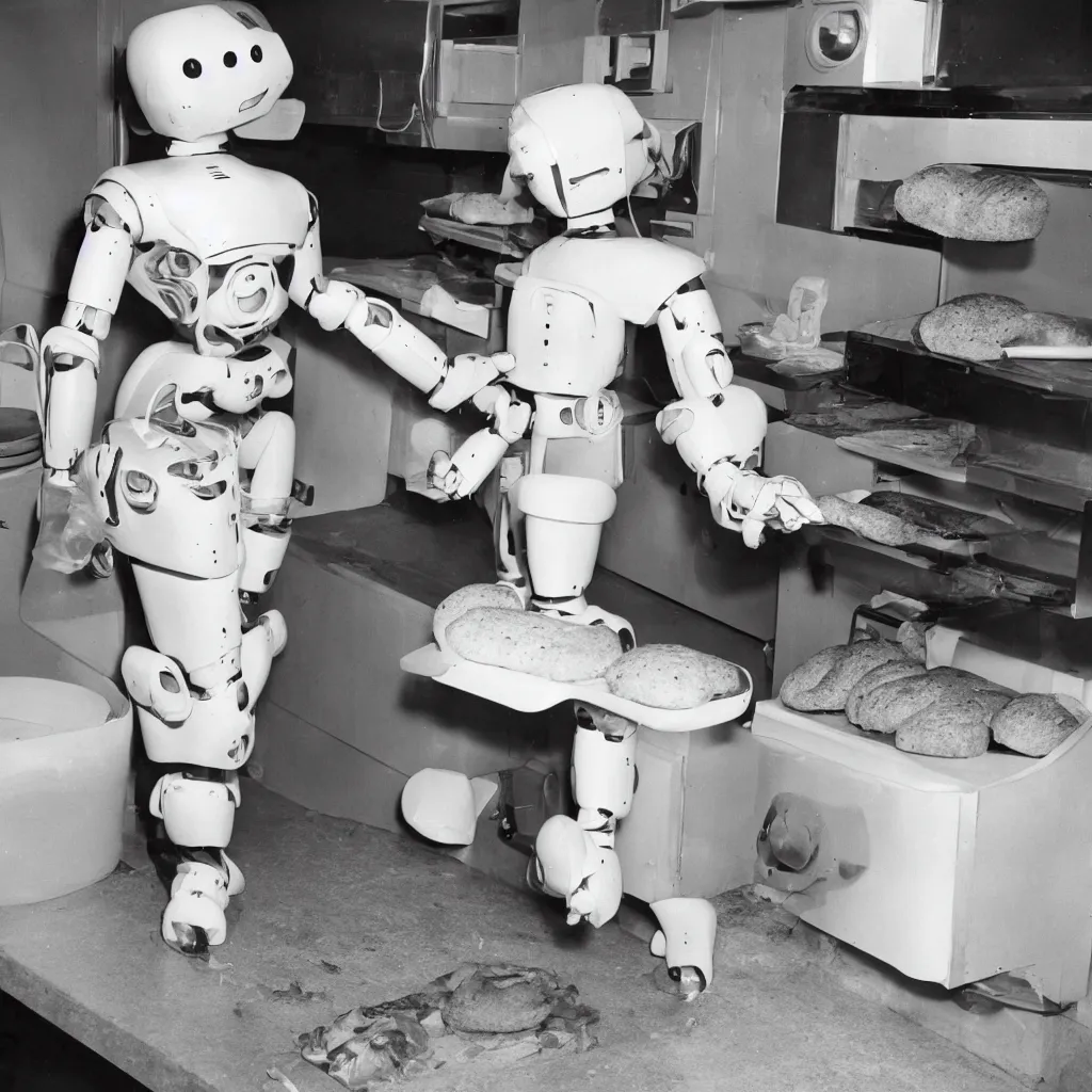 Prompt: Humanoid robot taking a loaf of bread out of the oven, 1959, black and white photo, ((world's fair))