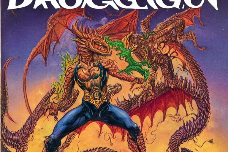 Image similar to 1979 Dragon magazine cover depicting a draconic humanoid mage in fantasy style by Larry Elmore.