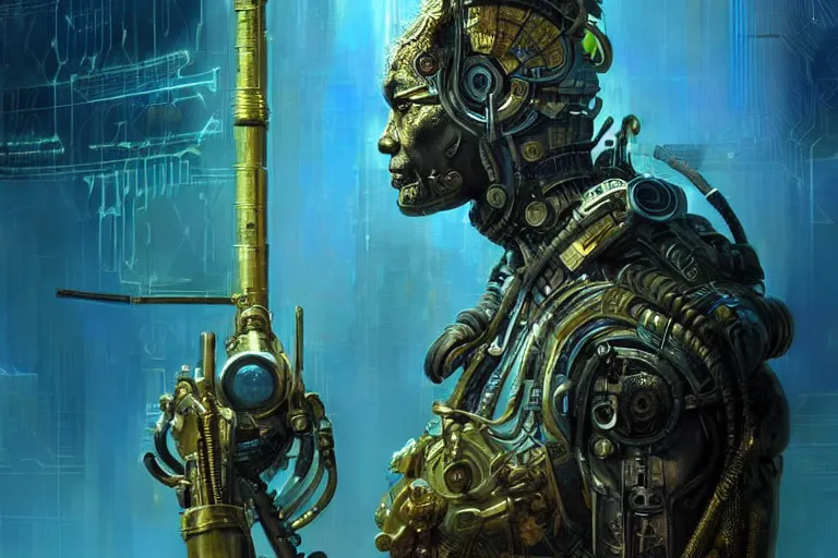 Image similar to A neofuturistic very highly detailed cyborg god with very highly detailed face in the African ghetto bar in a very highly detailed solarpunk sci-fi city digital rational painting art by Greg Rutkowski, sci-fi highly detailed, digital concept art, Dimensional cyan gold natural light, sharp focus, Golden Ratio illustration, realistic concept art by Stephen Hickman and James Gurney and Hiromasa Ogura Ghost in the Shell rendered in Octane Render, From the distance