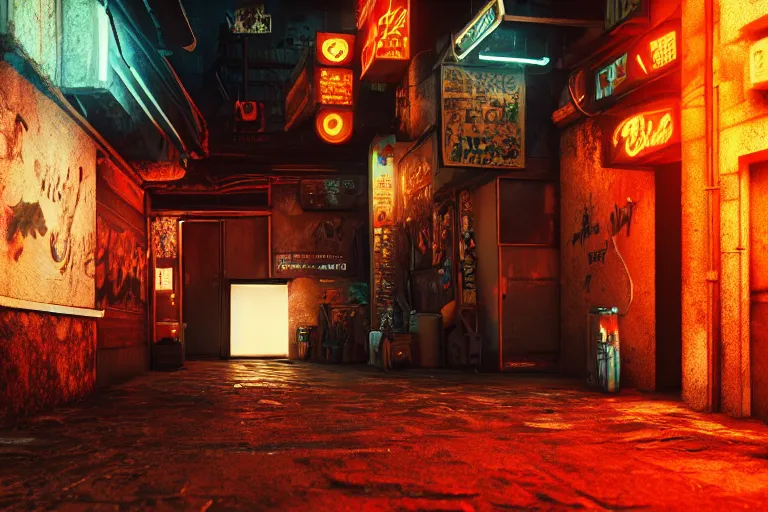 Prompt: ginger cat in the alley, neon lighting, rendered in unreal engine, trending on artstation, cyberpunk, night