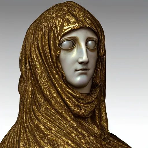 Prompt: a marble sculpture of the veiled virgin , !face, !female, covered in intricate !detailed golden streaked !!sheer !!!!!veil , physically based rendering, photo realistic, top light , dark background