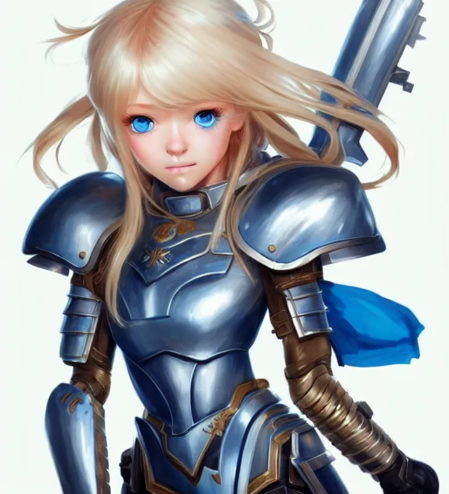 Image similar to character concept art of a cute german woman with blond hair and blue eyes, wearing plastic armor. lovely - fine - face, pretty face, key visual, realistic shaded perfect face, fine details by wlop, rossdraws, james jean, andrei riabovitchev, marc simonetti, sakimichan, trending on artstation