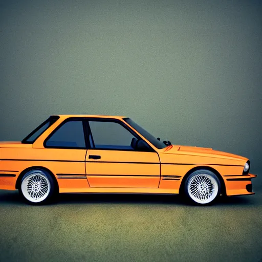 Image similar to blender render of orange bmw e 3 0 m 3 in a field of flowers, low angle shot