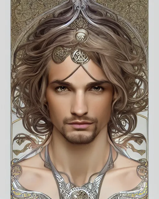 Image similar to pretty elven man, long hair, tan skin, fantasy, light silver armor, super detailed, very ornate, by alphonse mucha, artgerm, magali villeneuve, symmetrical face, 8 k, sharp focus, illustration